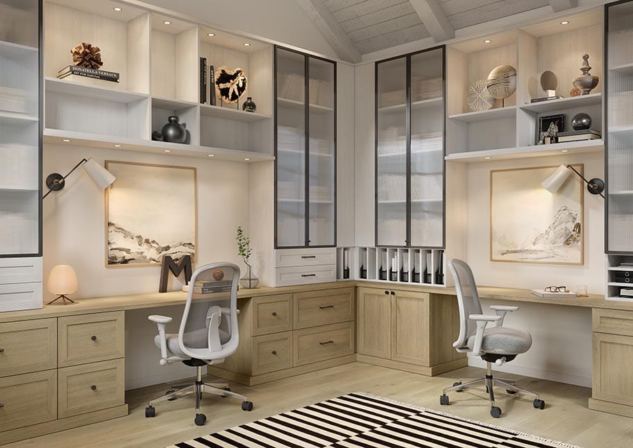 Custom home bar design with wine cubbies and counterspace by California Closets