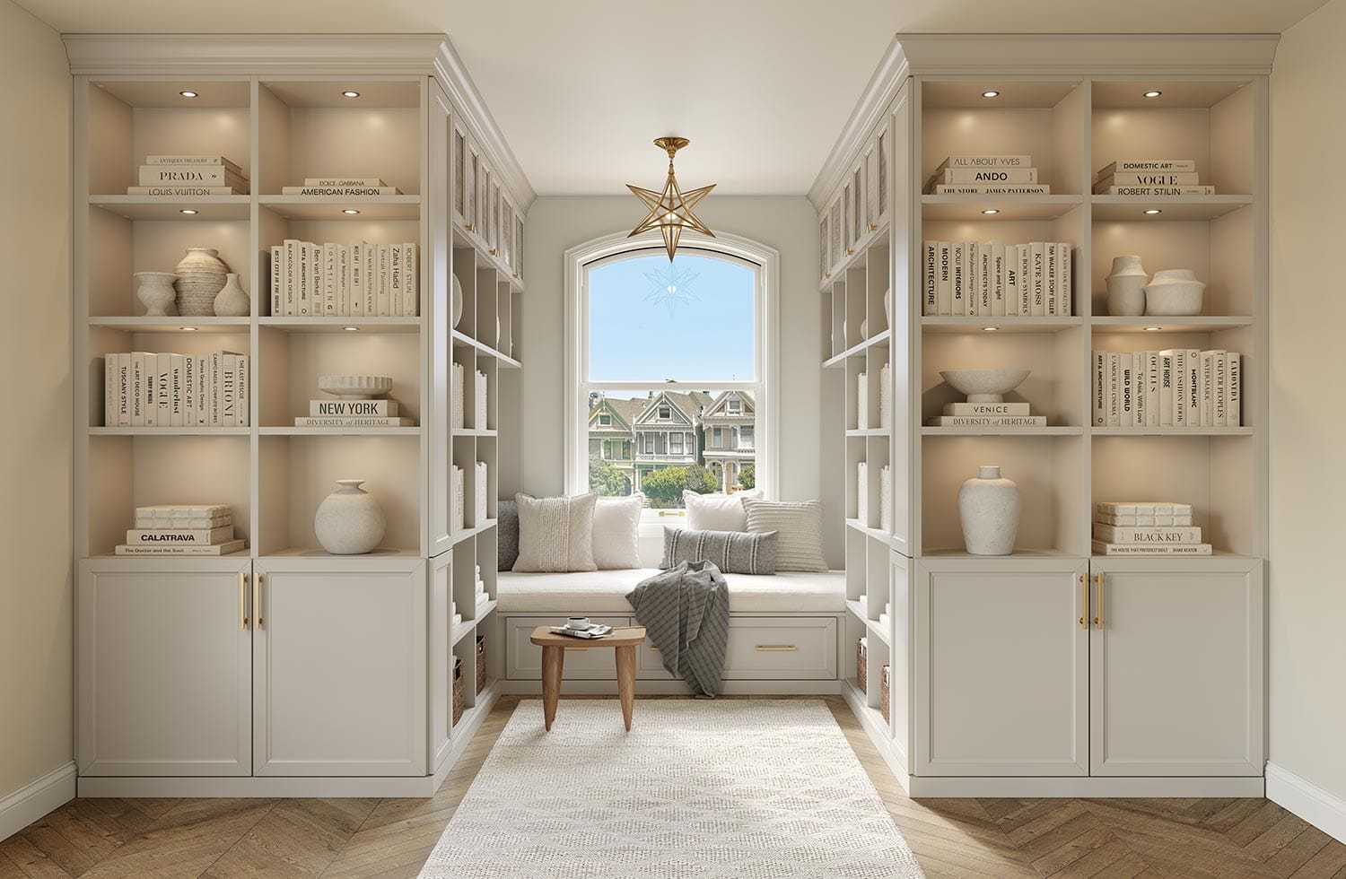 Bookcase design in white finish with bench seat by California Closets