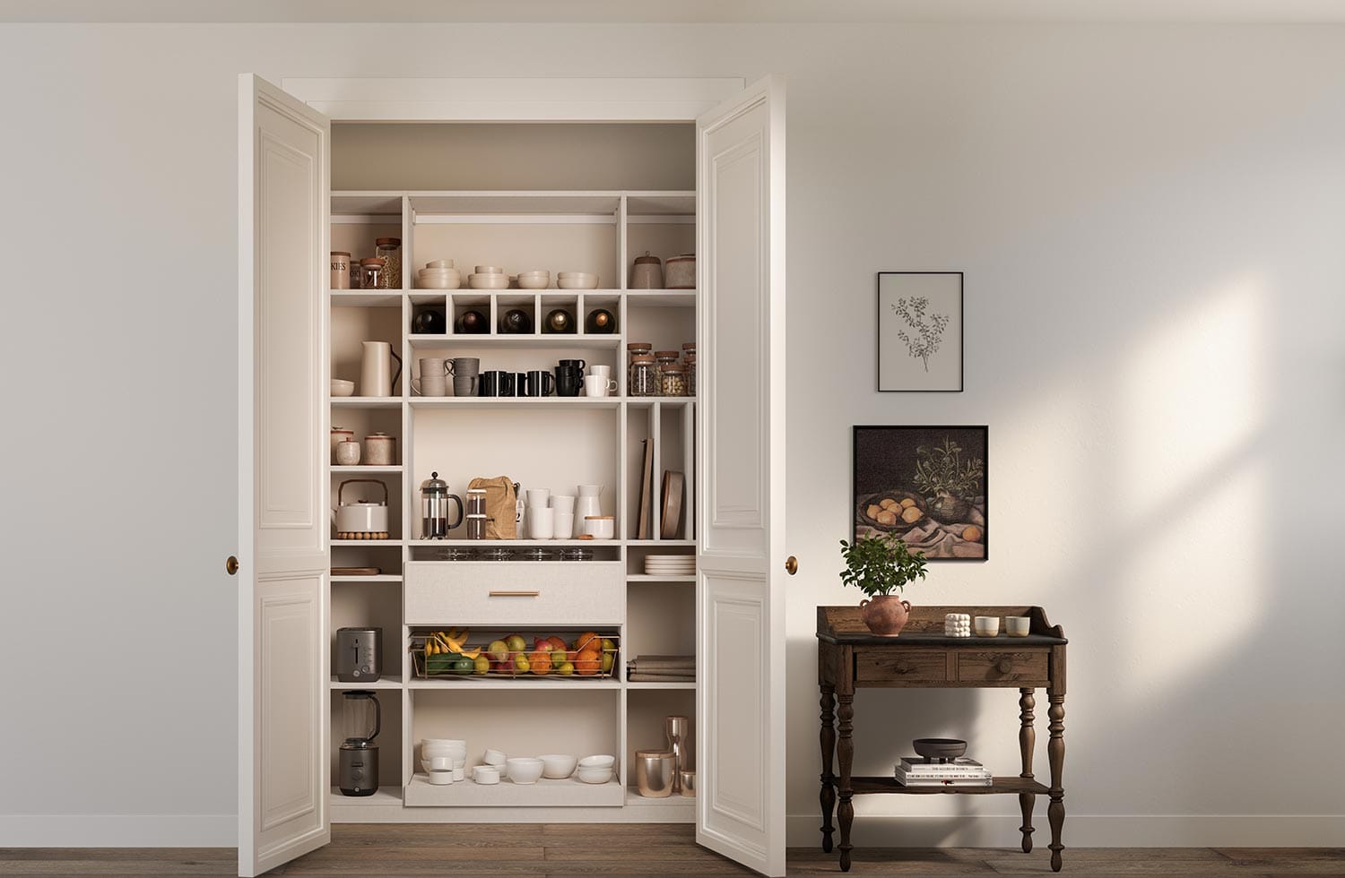 Kitchen pantry designed to house kitchen wares food with bottle storage options by California closets