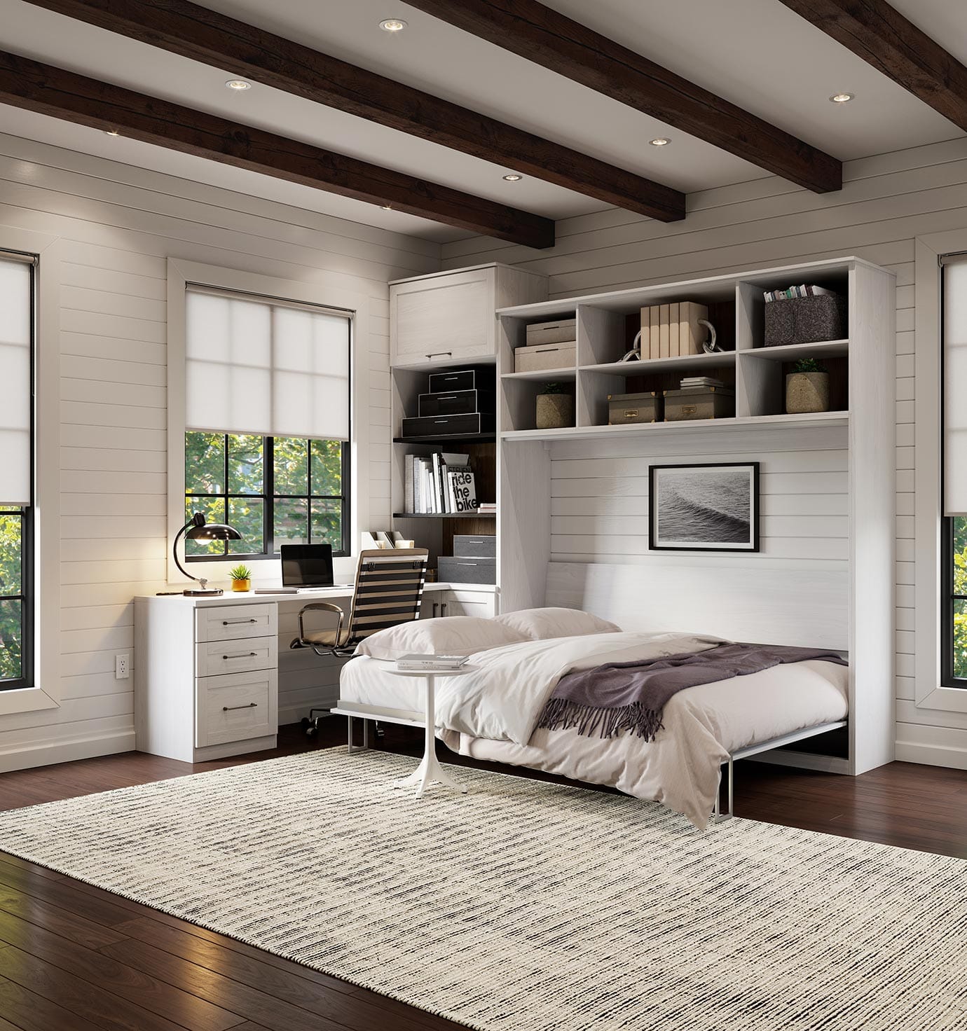 Hidden bed opened with desk and shelving from California Closets