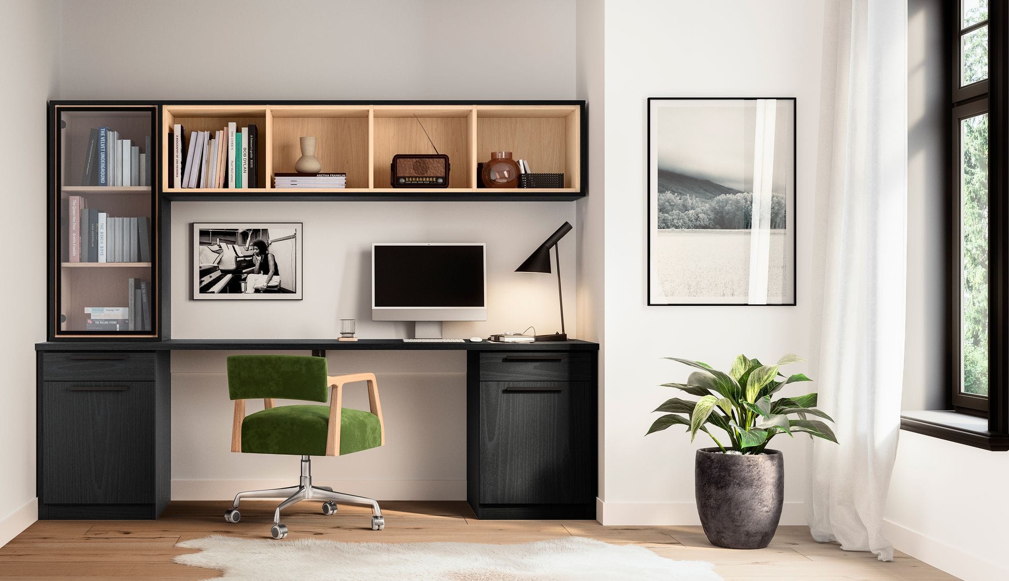 Modern home office with built-in desk and wall-mounted shelving by California Closets