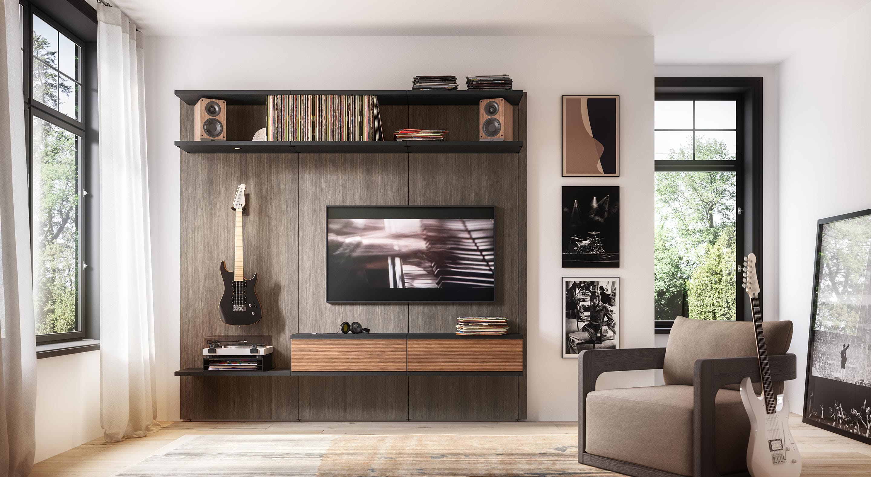 Media center designed in Pacific Northwest theme in natural wood finish from California Closets