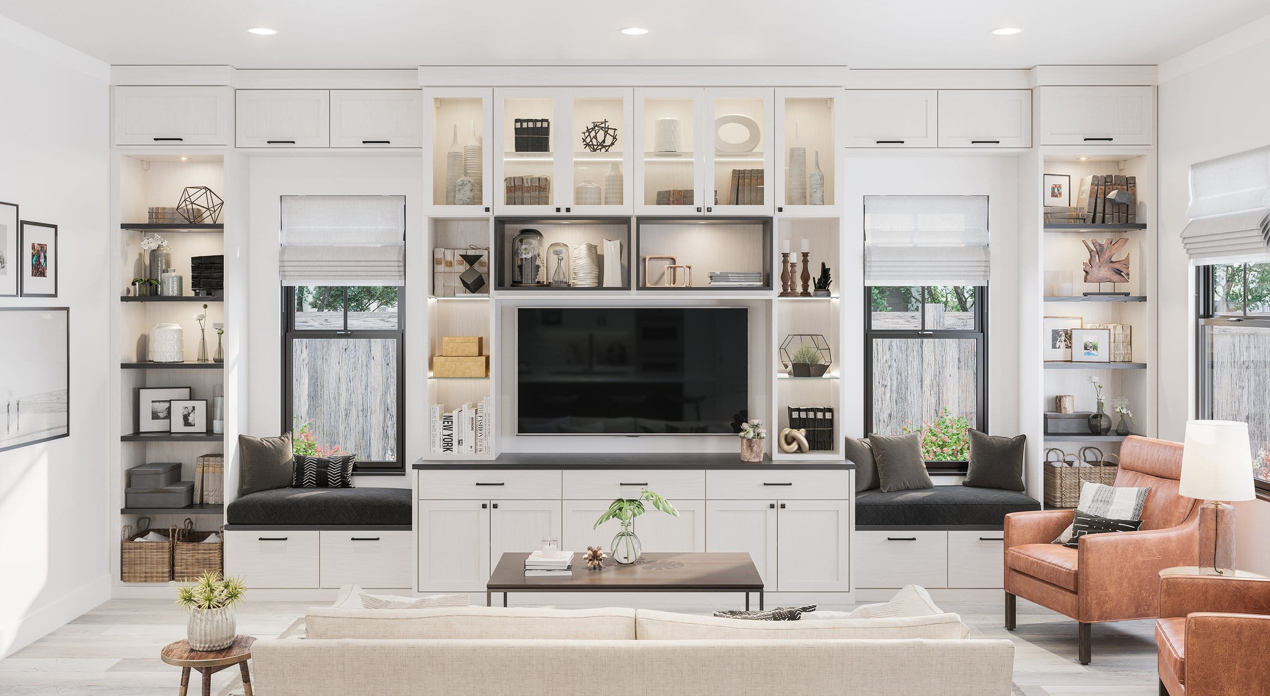 Built in entertainment center with cabinets, shelving and drawers for storage in a white wood grain finish by California Closets