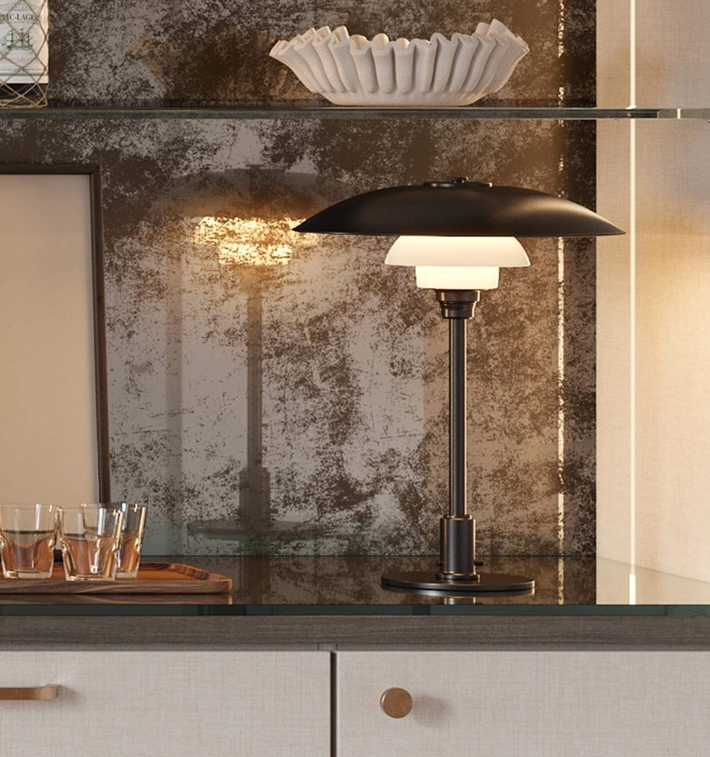 Customized home bar design with decorative back panels and custom glass shelves by California Closets